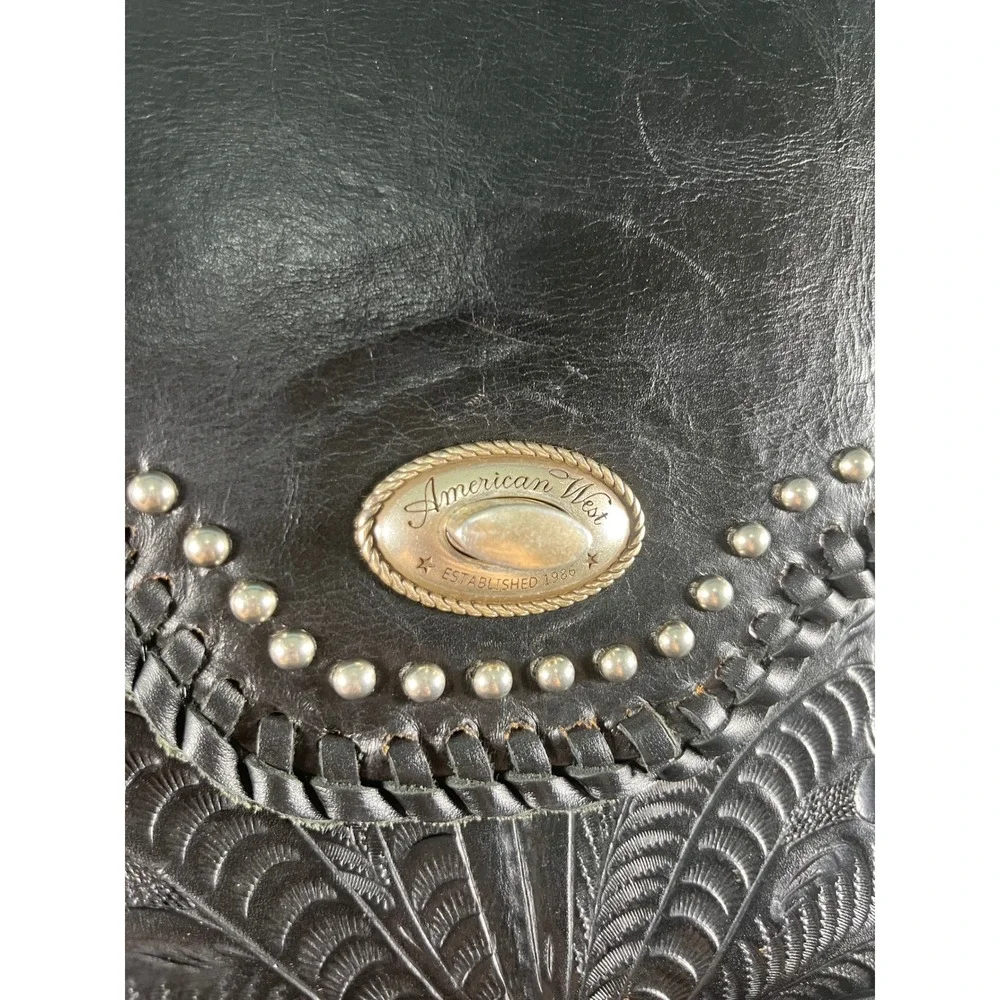 American West Black Hand Tooled Leather Studded Floral Top Handle‎ Handbag Bag